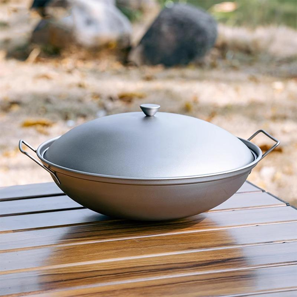 Camping Cooking Ware Set - Titanium Wok Pan with Lid Double