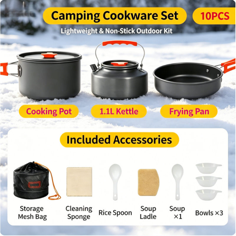 Camping Cooking Ware Set - 10 Pack Non Stick Camping Cookware